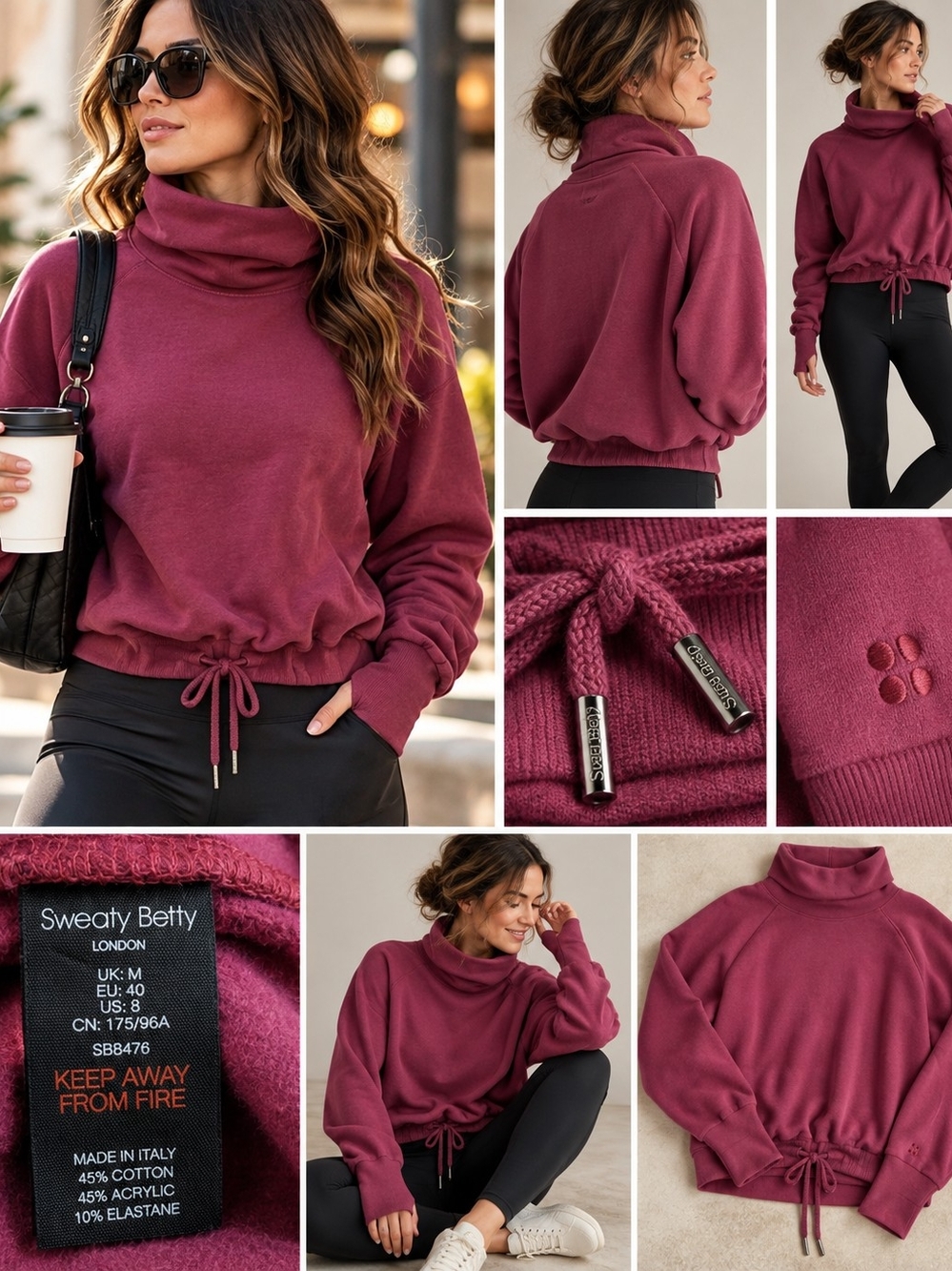 Sweaty Betty Women's Burgundy Drawstring Funnel Neck Sweatshirt